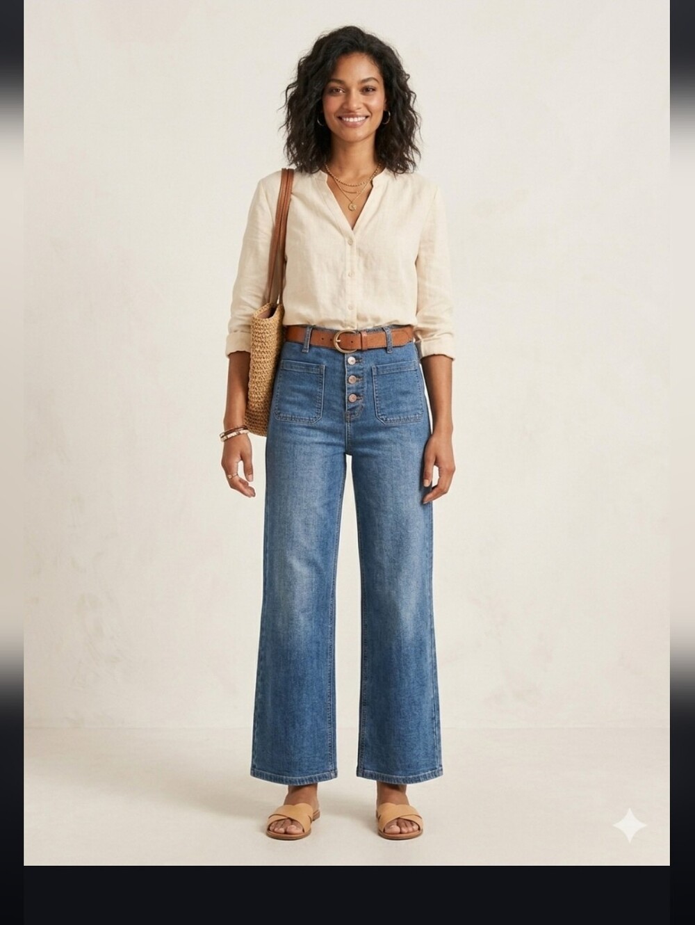 Risen High Rise Button Fly Patch  Pocket Wide Leg Straight Denim Jeans Size 26